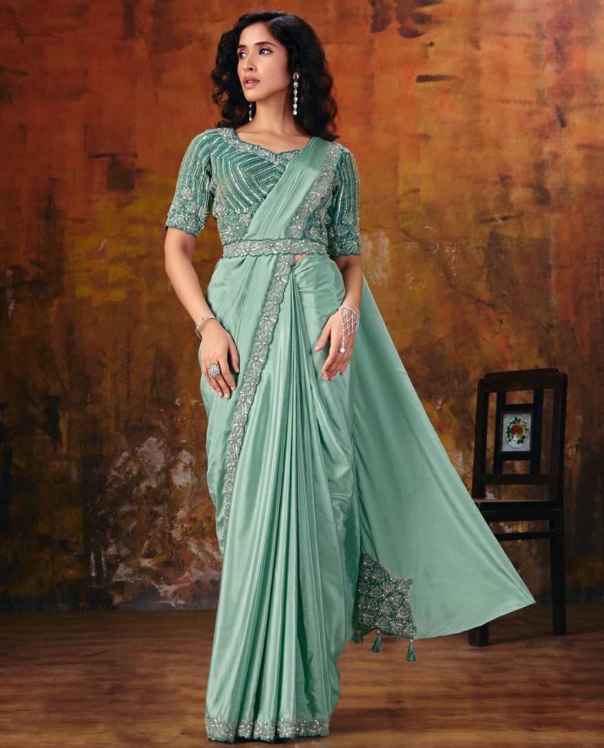 27110 - Sea Green Embroidered Wedding Party Designer Saree